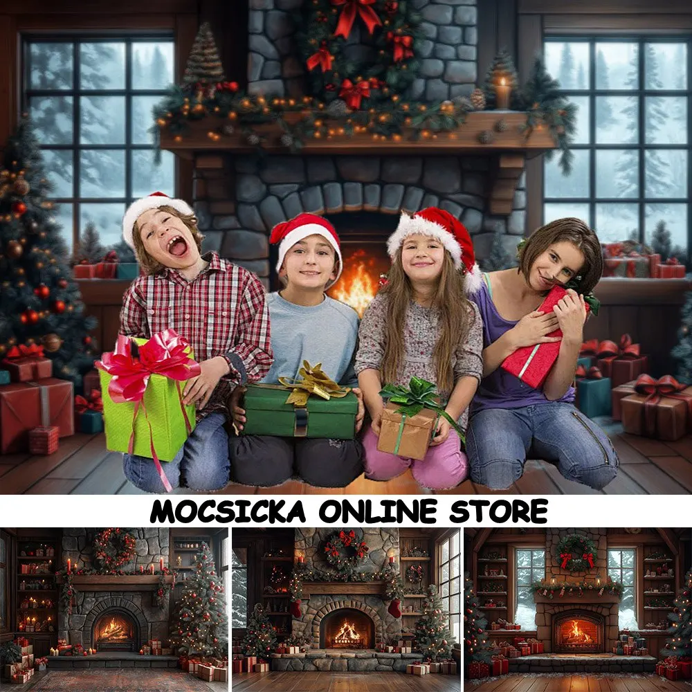 

Mocsicka Christmas Photography Background Interior Vintage Fireplace Xmas Tree Wreath Gift Boxes Family Portrait Photo Backdrops