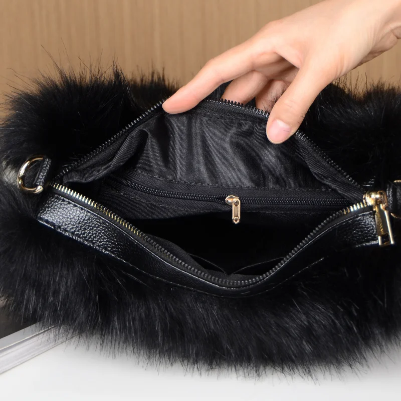 Winter Faux Fur Patchwork Leather Women\'s Boston Handbag Luxury Design Ladies Long Plush Tote Bag Bright Color Bolsa Feminina