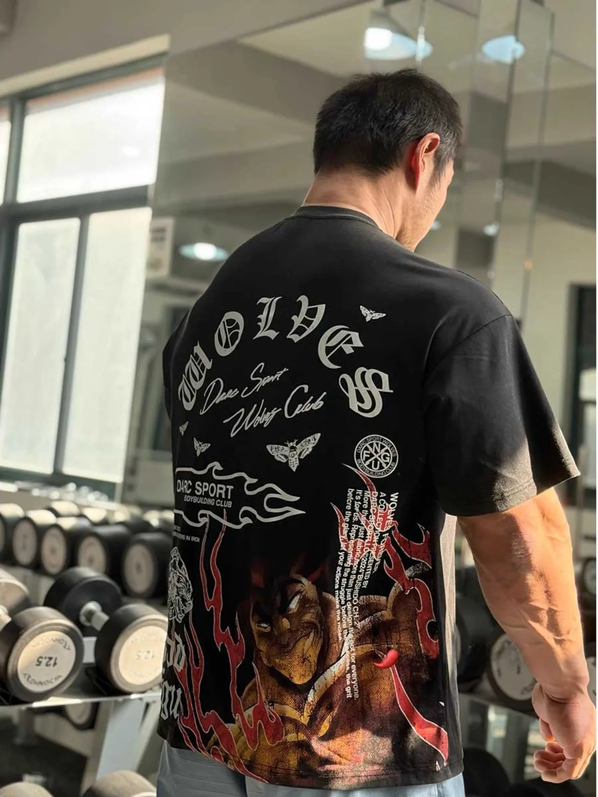 Camiseta holgada con estampado de cabeza de lobo de talla grande 300 Pou para mujer, Top coreano de algodón puro de longitud media