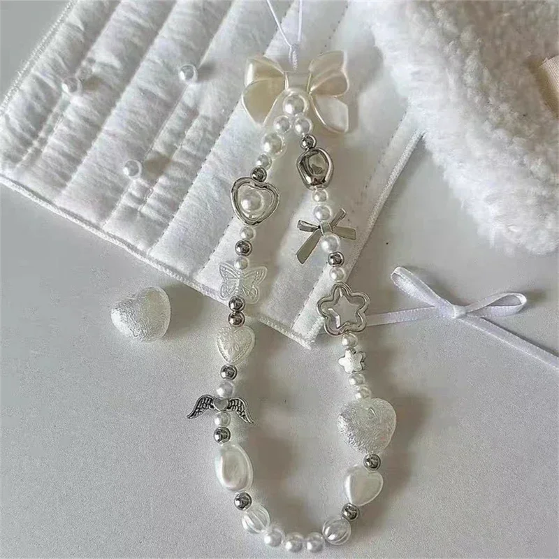 INS Korean Cute White Bow Heart Pearl Beads Beaded Phone Chain For iPhone Camera Hanging Rope Anti-Lost Lanyard Hanging Jewelry