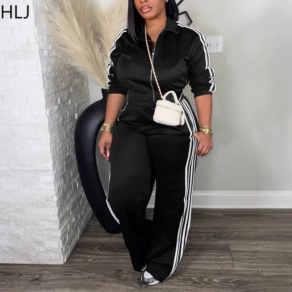HLJ Fashion Stripe Patchwork Woman 2 Piece Set Outfit Solid Color Long Sleeves Crop Top and Pants Matching Female Streetwear New