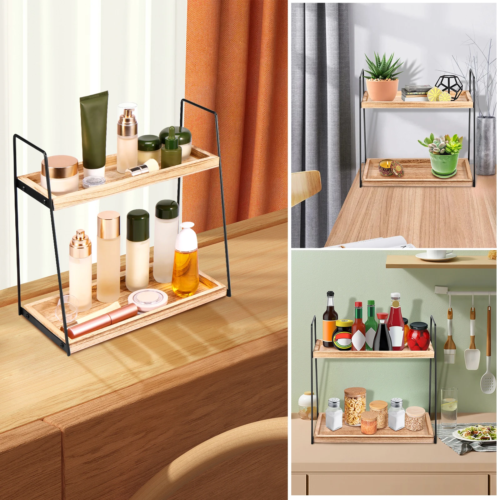 Bathroom Counter Organizer Rack 2-Tier Wood Cosmetic Storage Shelf Space Saving Countertop Standing Rack Multipurpose Vanity