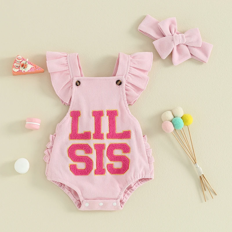 

Newborn Girl Outfit, Fly Sleeve Embroidery Letters Romper with Hairband Fall Clothes