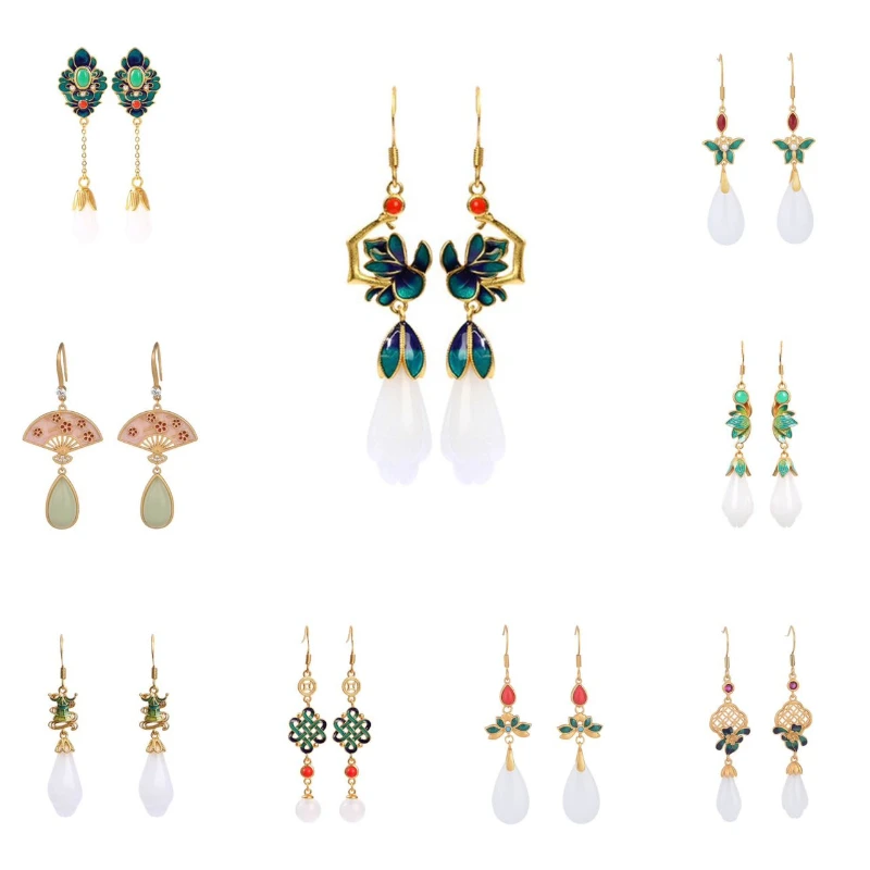 

*Retro Flower Shaped Jade Pendant Earrings for Women Traditional Chinese Enamel Luxury Jewelry Charm Design Elegant Creative Gif