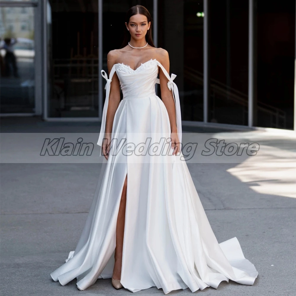 

Modern A Line Civil Wedding Dress with Sweetheart and Off the Shoulder for Bridal Side Split Satin Gowns Vestido Novia