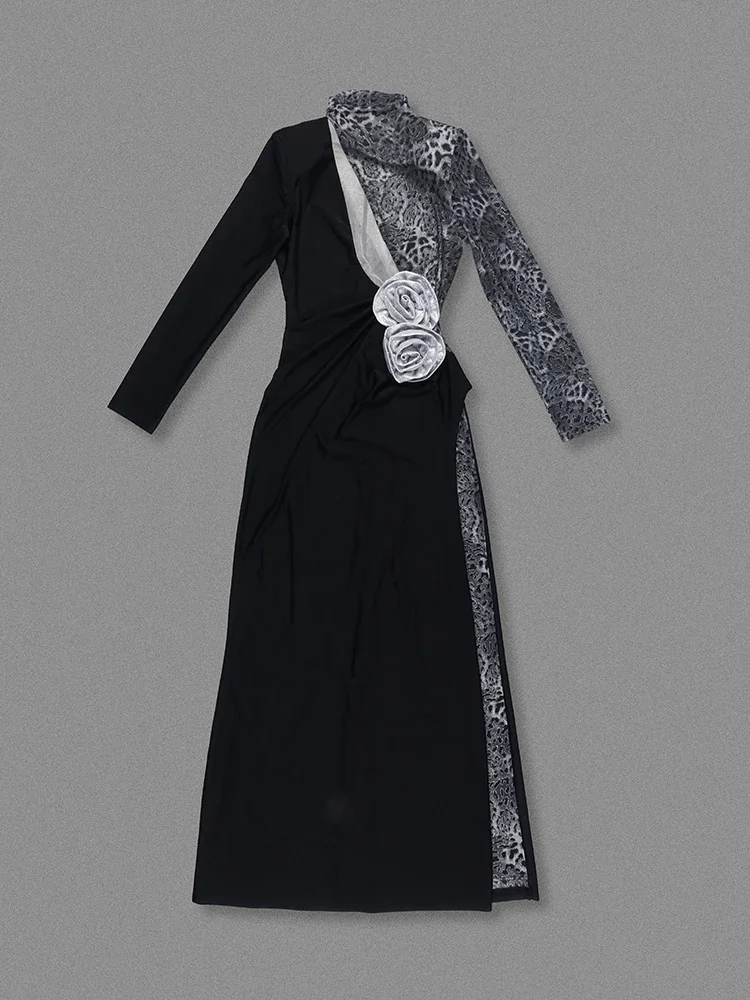 Sexy Lange Ärmel Leopard Patchwork Blume Langes Kleid Frauen Schwarz Ausschnitt Diamanten Dünne Kleider Abend Party Kleider