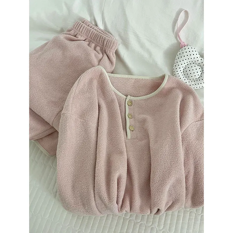 الوردي نصف الصوف المرأة الشتاء مجموعة اللون منعت زر تقليم بأكمام طويلة أعلى + السراويل الطويلة الصوف سميكة منامة 2 قطعة مجموعة. #5