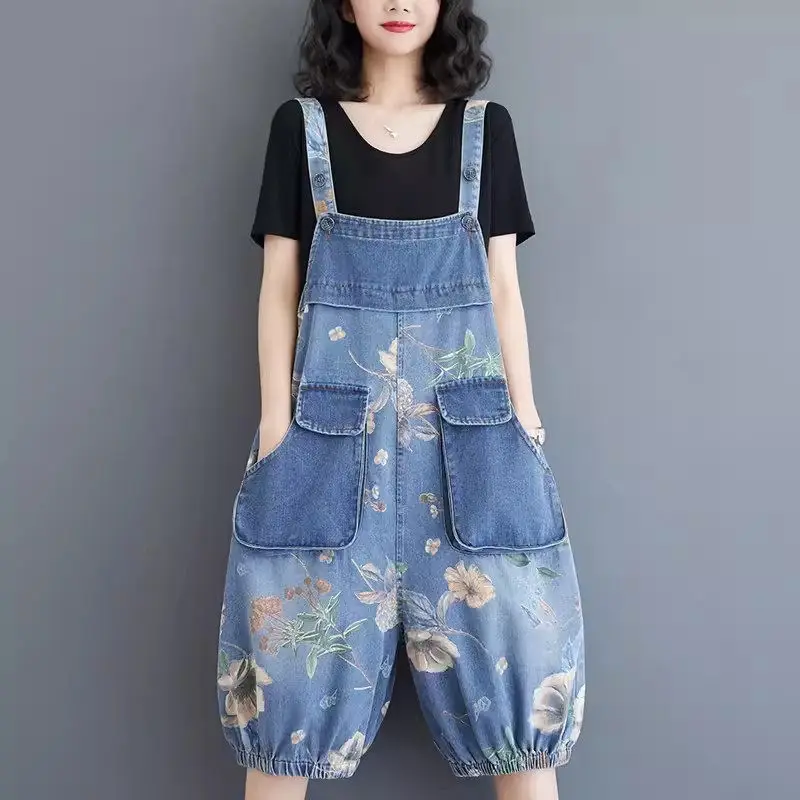 Summer Jumpsuit New Organ Large Pocket Retro Print Loose Big Size Denim Strap Pants Women's Shorts Thin Style Casual Jeans K1581