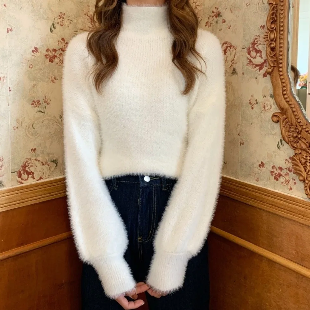Thick Warm Mock Neck Sweater Fuzzy Texture Soft Material Fuzzy Knit Jumper Long Sleeve Casual Style Loose Fit Sweater 2