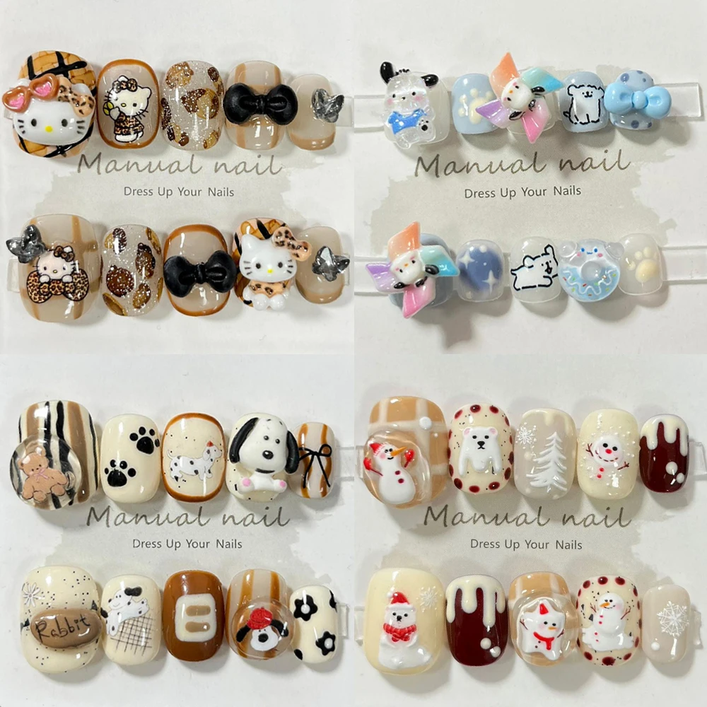 

Cute Cartoon Short Round Sanrio Hello Kitty Pochacco Handmade Press On Nails Kawaii Animal Cat Dog Reusable Full Cover Fake Nail