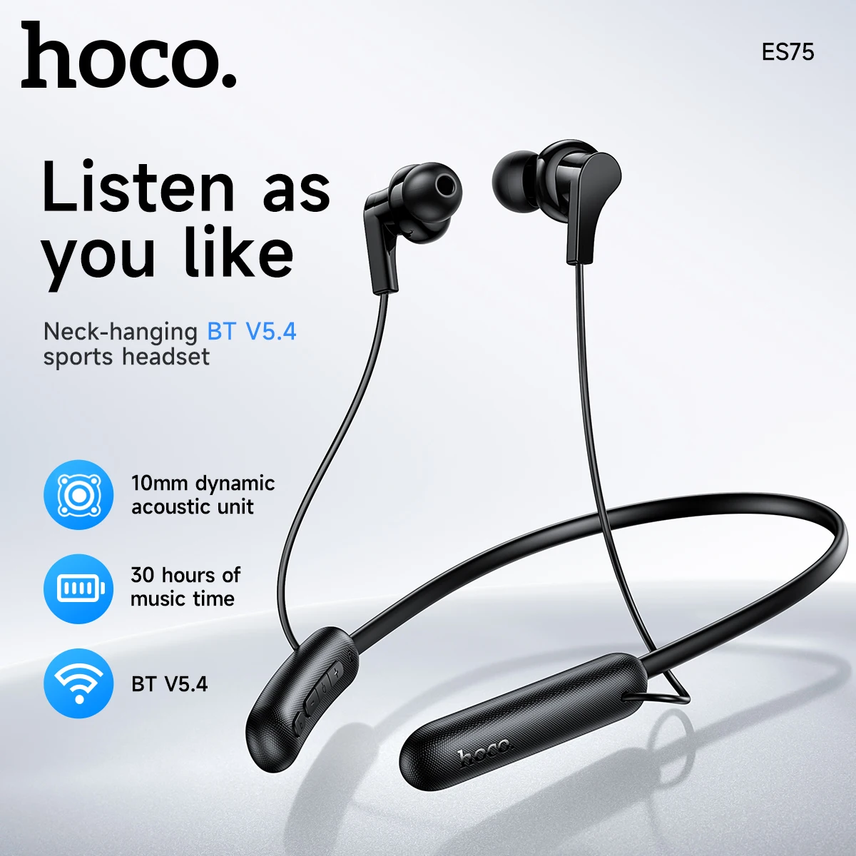 

HOCO Original Neckband Wireless 5.4 Earbuds Music Sports 130h Longtime Standby 10MM Drivers Deep Bass Neck-hanging Headset ES75