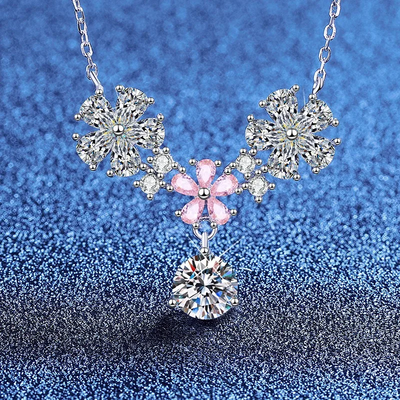 

S925 Sterling Silver Teardrop Flower Necklace Moissanite Instagram Style Versatile Pendant Jewelry for Women