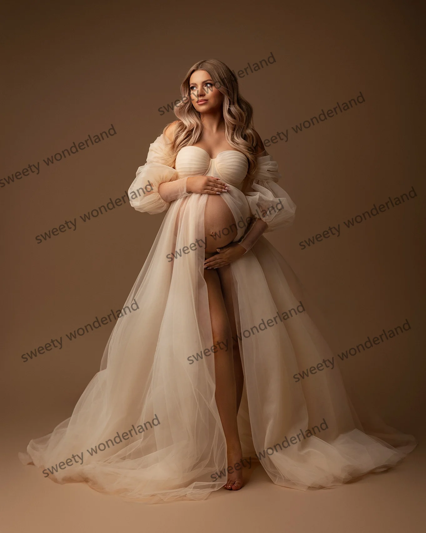 Prom Dresses Champagne Tulle Maxi Gown Sweetheart Maternity Photoshoot Dress for Baby Shower Customise Robes