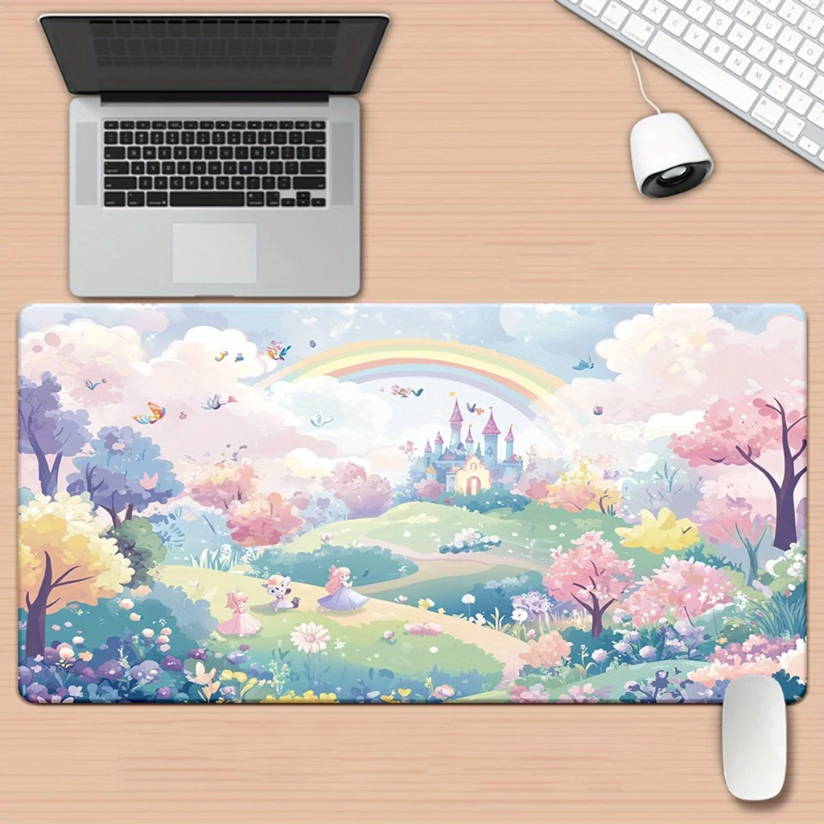 

1pc Fairy Tale Landscape XXL Mouse Pad - HD Printed Desk Mat with Rainbow Castle, Butterflies & Floral Design, Multi-Functional