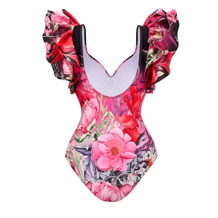 2024 Women Swimwear Ruffled Blooming Flowers Print One Piece Swimsuit and Skirt  Beachwear bikini Two piece Bathing Suit