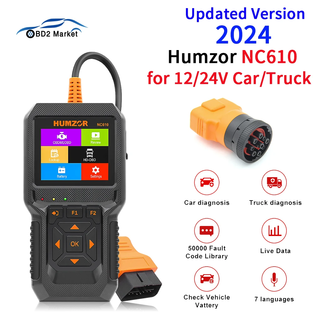 

HUMZOR NC610 12V/24V Code Reader Engine J1939 For Car Gasoline Automotive Scanner For Truck Diesel ODB2 Diagnostic Auto Tool