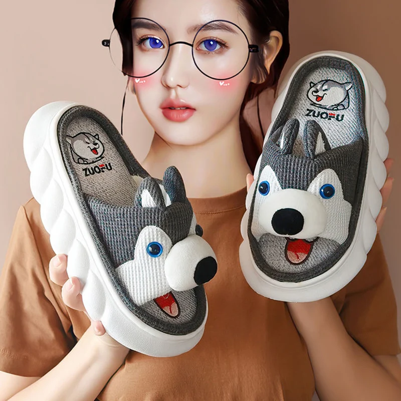 

Linen Slippers Husky Upper Women Summer Thick Bottom Indoor Couple Home Non-slip Spring Autumn Cotton Linen Sandals Slippers