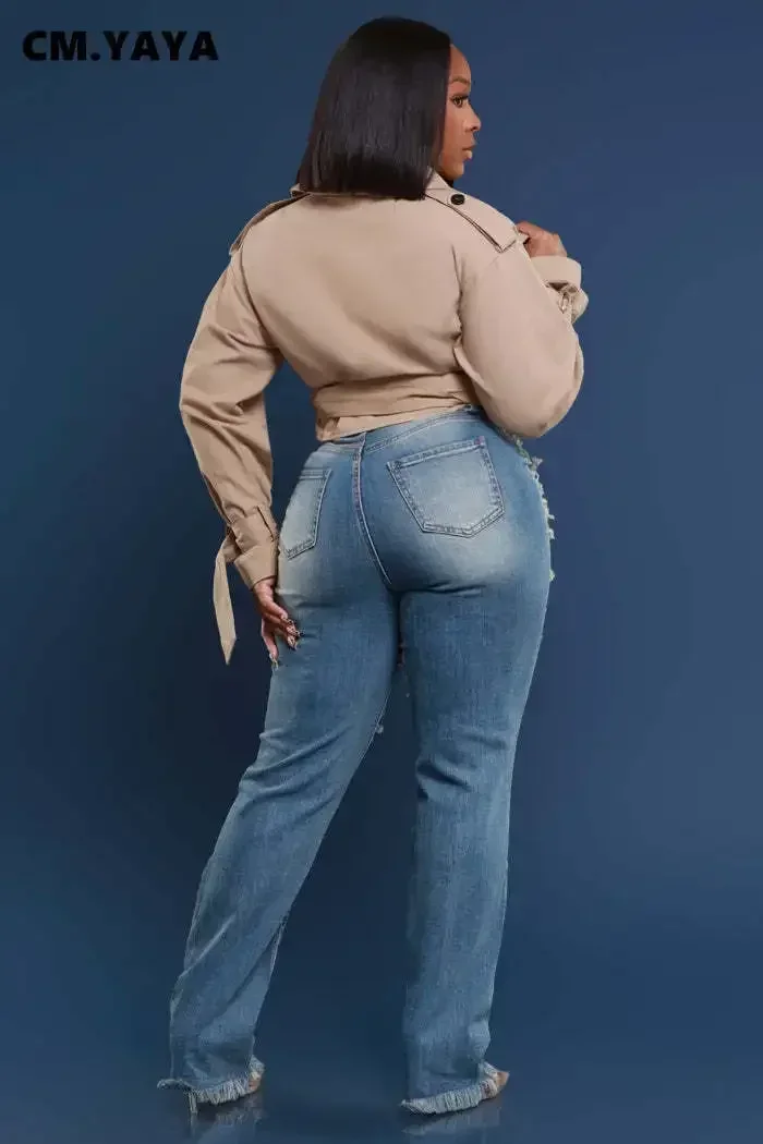 CM.YAYA الدينيم السراويل النساء الرجعية مثير هول الجوف خارج الجينز ممزق خارج قلم رصاص السراويل 2024 الشارع نحيل عالية الخصر سيدة بانت