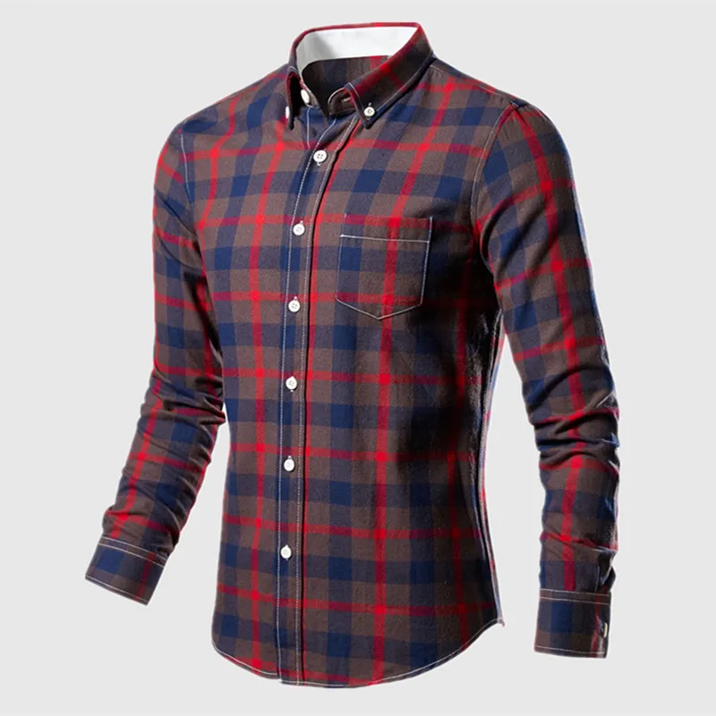 Men\'s Plaid Shirt Long Sleeve 100% Cotton Casual Slim Buttons Business Social Dress Shirts Blouse Men Clothing