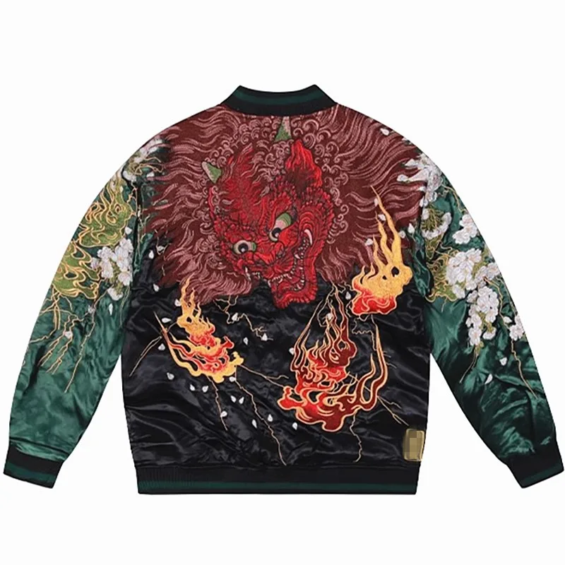 

Green Black Men Boys Reversible double-sided High Street Streetwear Vintage Sakura Fire Embroidered Sukajan Souvenir Jacket