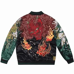 Green Black Men Boys Reversible double-sided High Street Streetwear Vintage Sakura Fire Embroidered Sukajan Souvenir Jacket