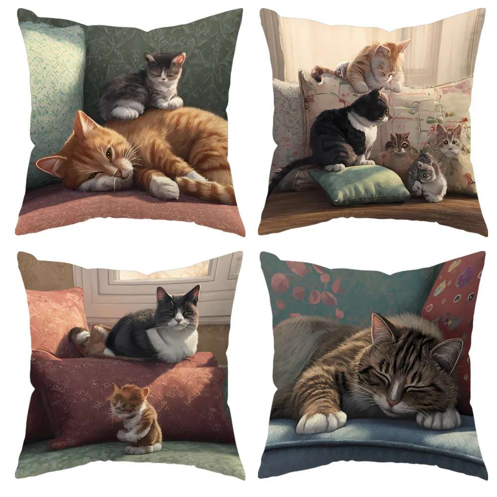 

4 чехла для подушек с милым кошачьим дизайном, декоративные чехлы для подушек с изображением очаровательных кошек в уютной домашней обстановке, идеально подходят для вашего дома.