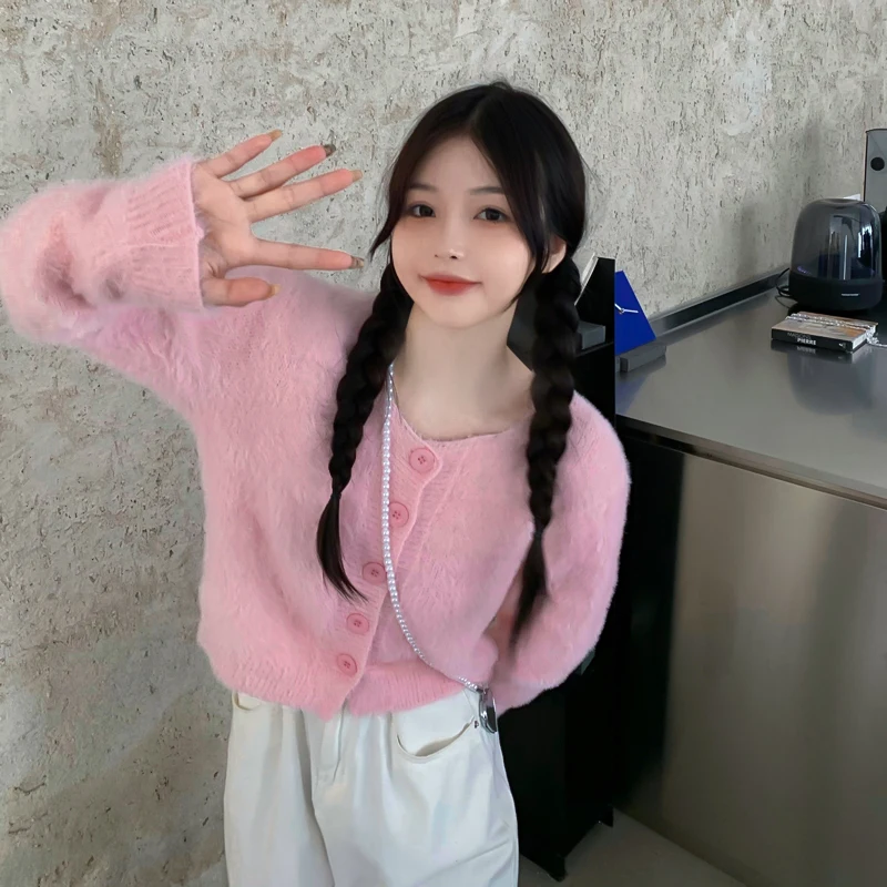 Korean Fashion Sweet Candy Color Short Cardigan Women Girls New Autumn Winter Warm Round Neck Long Sleeve Sweater Coats