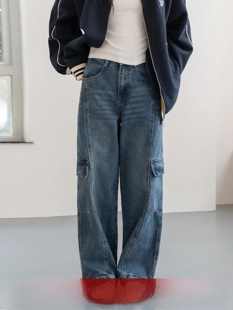 

Синие женские джинсы с высокой талией, прямые, свободные, широкие, для работы, из водоотталкивающей ткани, на молнии