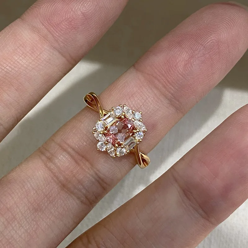 S925 Silver Ring 7*8mm Oval Pink Lab‑Created Gemstone Vintage Halo Ring Multi‑Shape Zircon Twisted Band Elegant Fine Jewelry