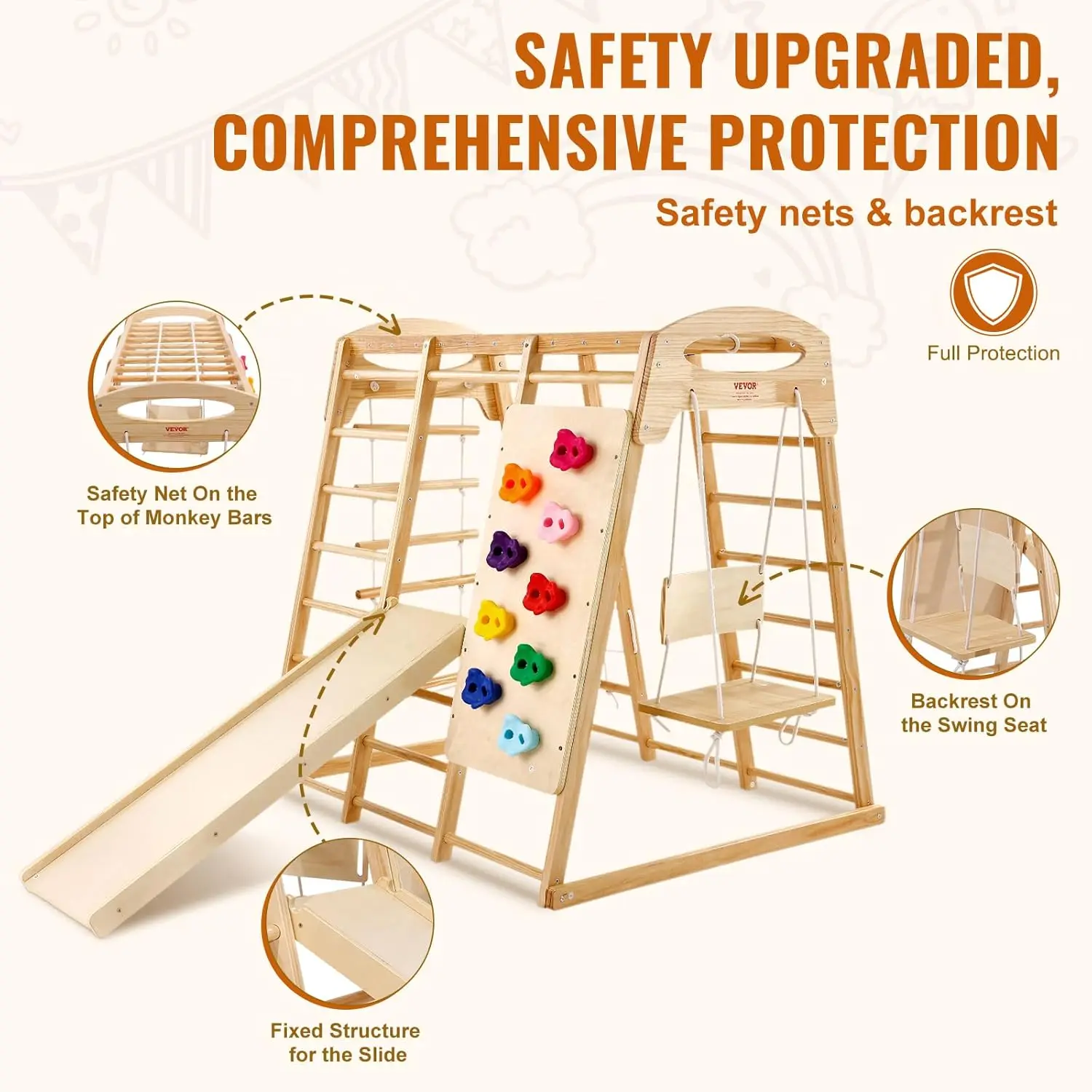 Large Size Indoor Jungle Gym, 7-in-1 Toddler Indoor Playground, Wooden Toddler Climbing Toys with Wood & Rope Ladder, Net Ladder