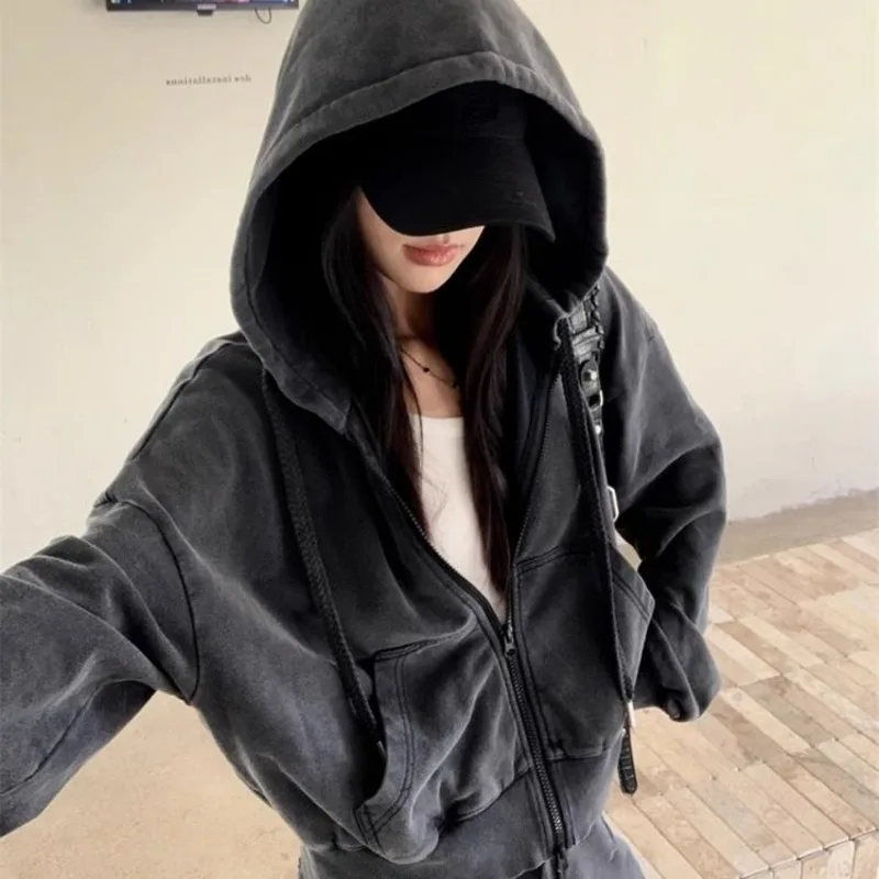 2025 nuove donne allentate con zip americana felpa con cappuccio lavata vintage nero grigio autunno inverno moda casual streetwear