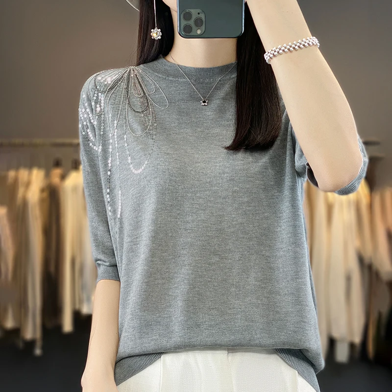 23 Summer New Tencel Knitted Short Sleeve Women\'s Round Neck Solid Color One Shoulder Sequin Sewn Loose Fashion Style Knit Shirt