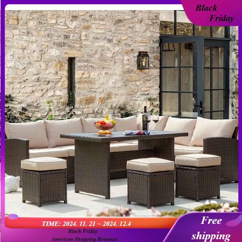 

7 Pieces Patio Furniture Set Outdoor Sectional Sofa Conversation Set All Weather Wicker Rattan Couch Dining Table & Chair Khaki