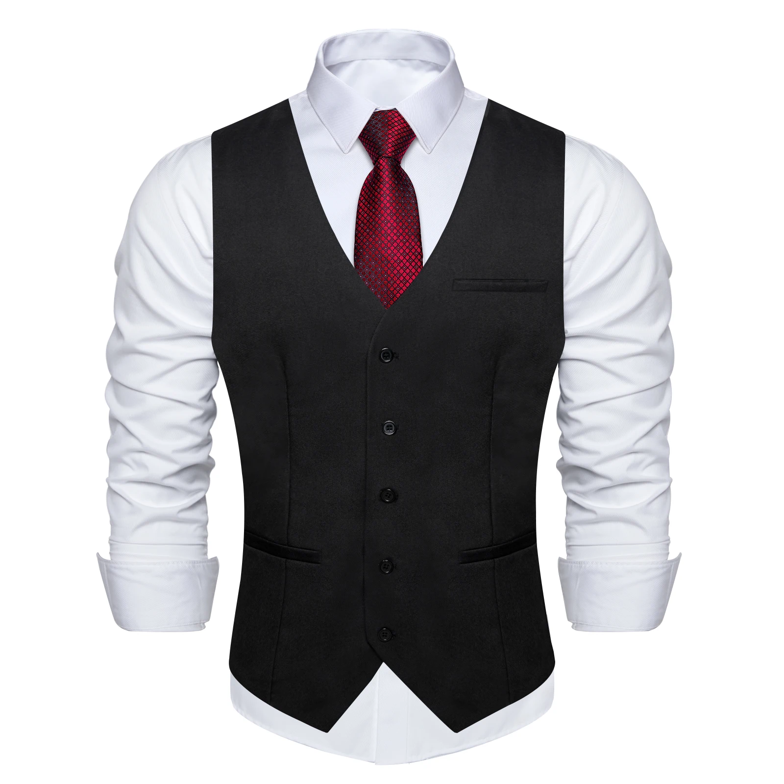 Retro Classic Slim Fit Men's Vest Dress suit for Autumn Winter Shirt Accessories Fashion Solid Black Waistcoat for Man Red Ties