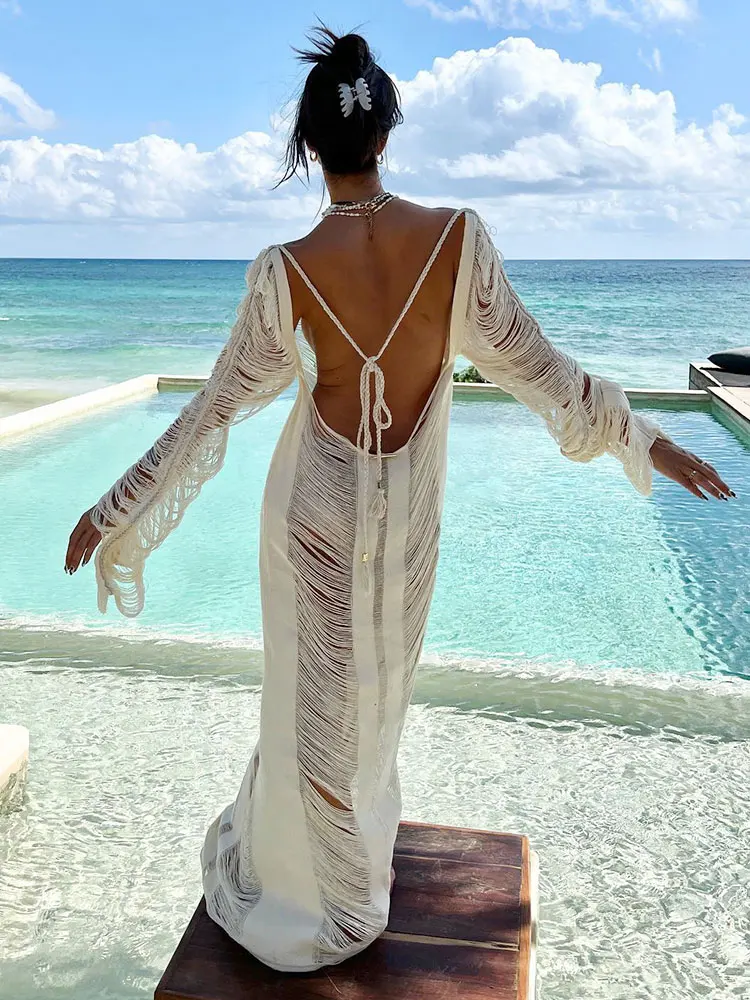 White Knitted Sexy Hollow Out Fringe Beach Maxi Dress  Women Summer Backless Lace-up Beachwear Party Bikini Cover-ups A2414