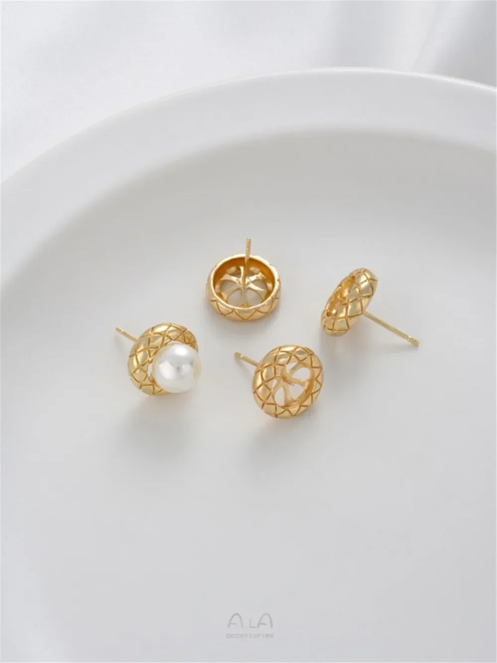 14K Gold Wrapped Snake Pattern Ring Bead Ear Stud Ring Noodle Mantou Bead Flat Ear Pin Diy Sticky Pearl Ear Jewelry E360