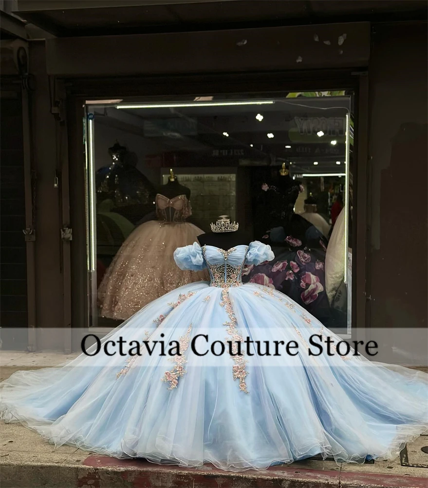 Blue Off The Shoulder Quinceanera Dresses Ball Gown Bead Appliques 2024 Birthday Luxury Dress Pleat Graduation Gown Customized