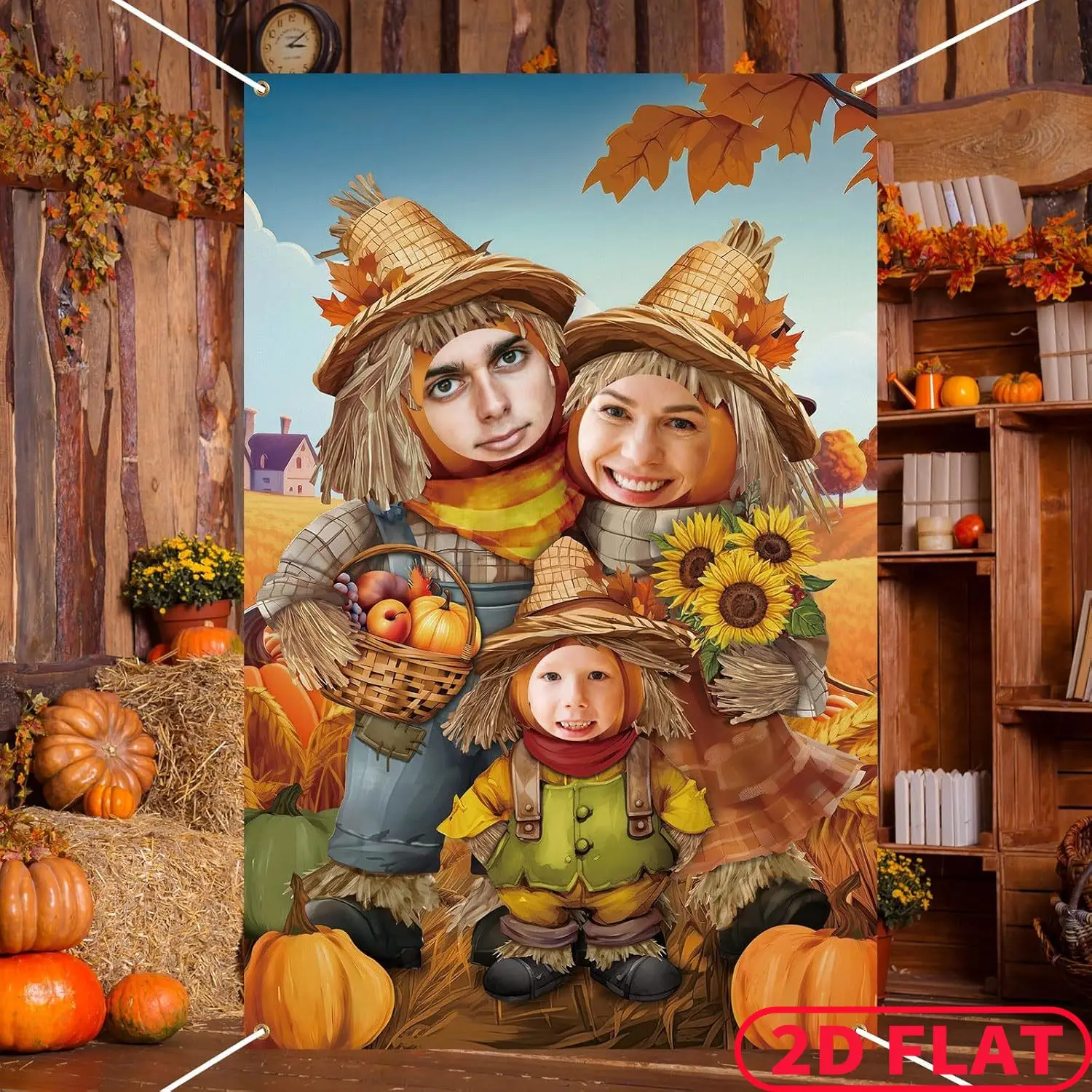 1pc Fall 3 Face Hole Party Banner, 2D FLAT Photo Booth Prop Head Cutout, Autumn Pumpkin and Scarecrow Door Cover Banner