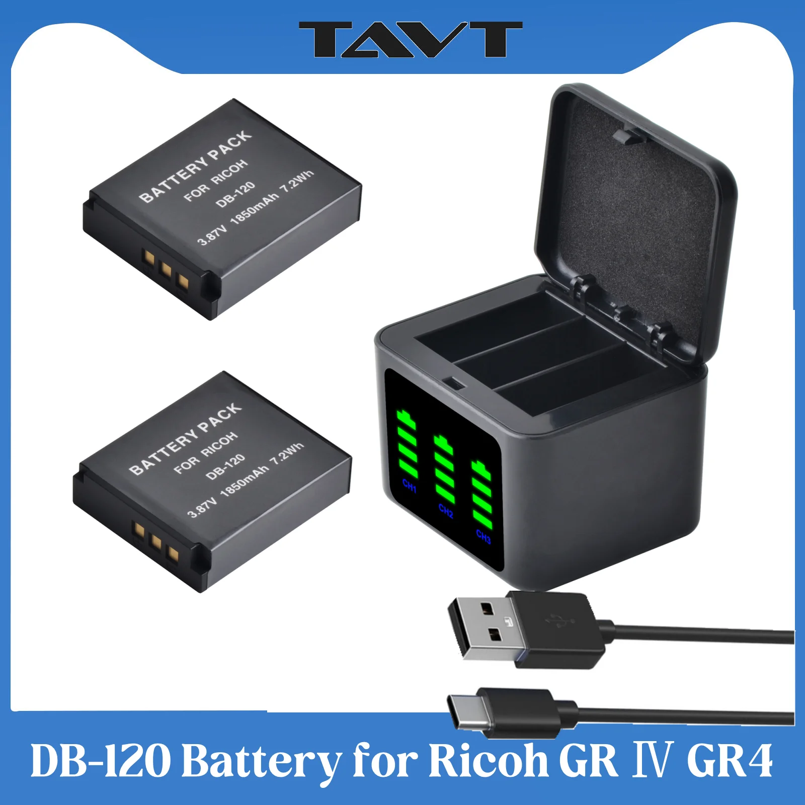 TAVT DB-120 Rechargeable Battery+3 Slots Storage Box Charger for Ricoh GR Ⅳ GR4 Camera DB 120 Dual Battery Charger