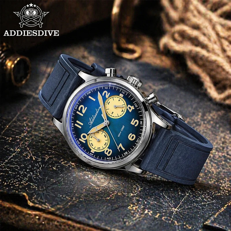 

ADDIESDIVE 38mm New Luxury Chronograph Quartz Men's Watch 100m Waterproof Luminous Wristwatch Stainless Steel Domed Glass Watch