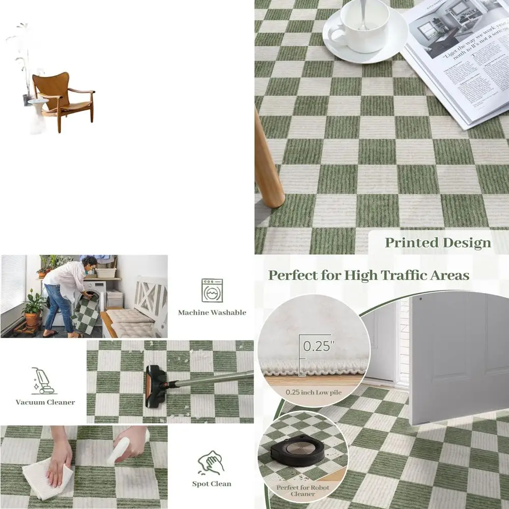 

8x10 Farmhouse-Style Non-Slip Area Rugs, Sage Green Checkered Washable Carpets for Living, Dining, Bedroom, Office