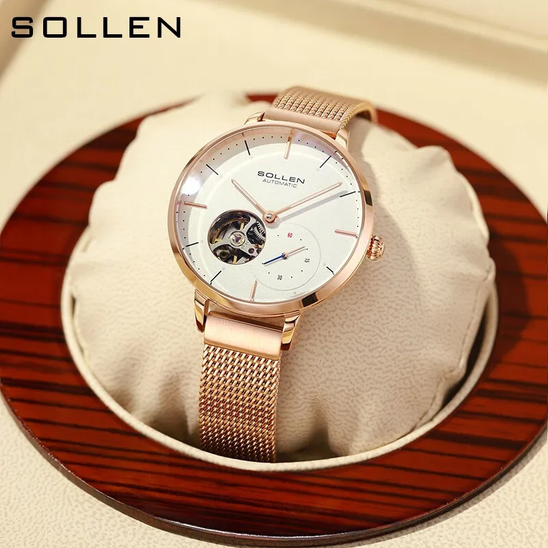 SOLLEN Women Watch Luxury Brand Automatic Mechanical Watch Fashion Rose Gold Mesh Strap High Quality Watches Casual Clock SL418