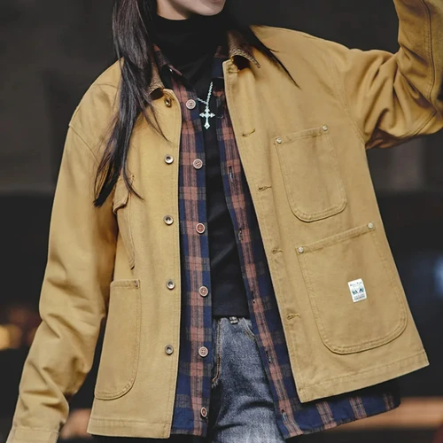 Maden 여성 빈티지 미시간 재킷 클래식 캔버스 코듀로이 라펠 칼라 재킷 가을용 포켓 4개 포함 코튼 헌팅 코트 