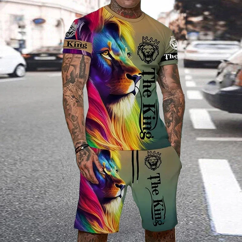 

2025 New Summer Men's Sportswear Set 3D Animal Print Round Neck T-shirt Shorts Two-piece Men's Style