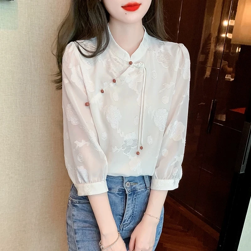 

New Chinese Sle irt Ladies Autumn Faion High Collar Blouse Seven Sve Women's Premium Bule irt