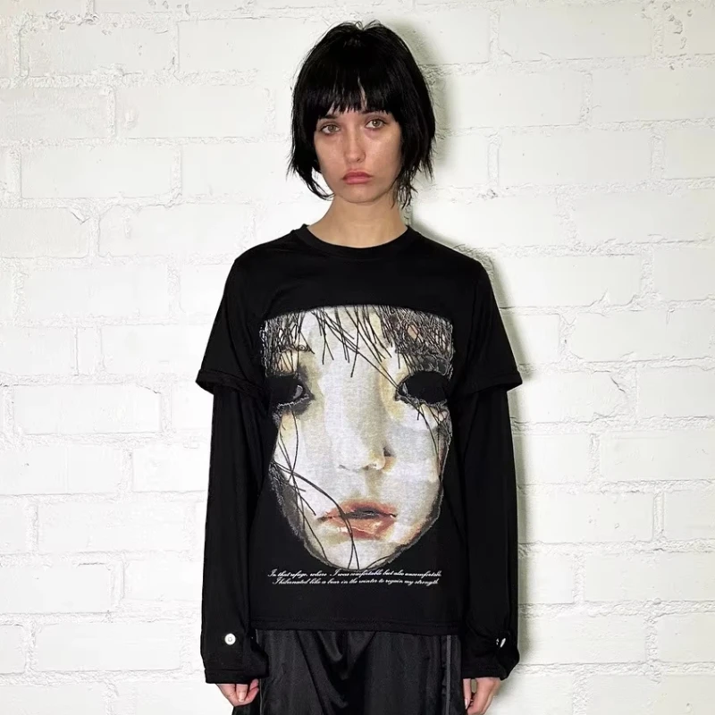Y2K Gothic Dark High Street Style Pop Art Woman Face Print Fake Two Piece Long Sleeve T-Shirt Metal Button Cuff Slim Cropped Top