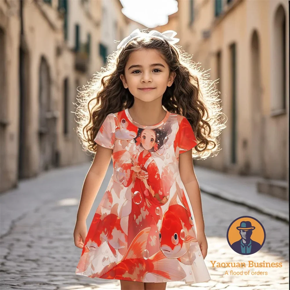 فستان أنيق مطبوع عليه رسوم كارتونية ثلاثية الأبعاد للفتيات من Ponyo لعام 2025، فستان صيفي لطيف ورائع جدًا ​