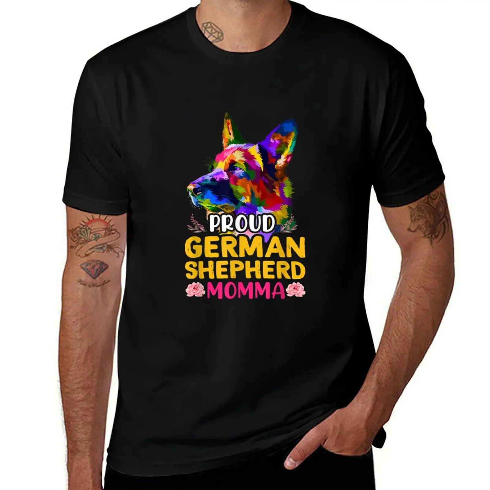German Shepherd Mom Flowers T-Shirt cotton t shirts high quality T-Shirt