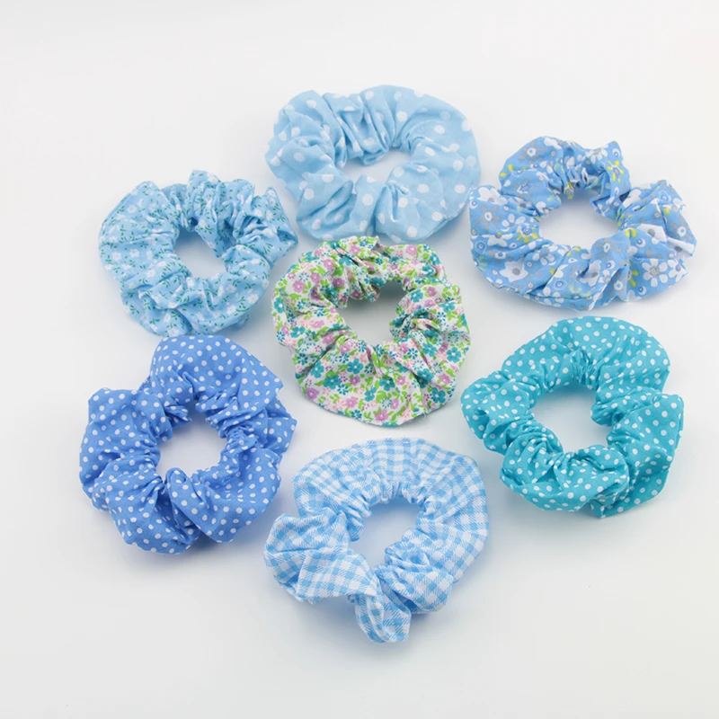 7Pcs Cotton Print Elastic Scrunchies for Women Blue Hairband Assort Hair Accessories for Girls Wide Ponytail Holders Lavender