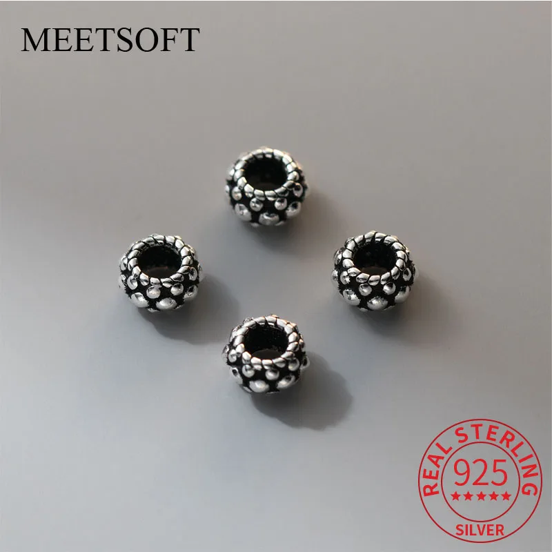 MEETSOFT S925 Sterling Silver 7mm Pattern Septum Bead Pendant Charms of DIY Handmade Making Supplies Necklace Bracelet Jewelry